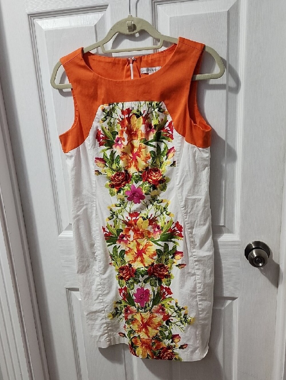 Sandra Darren Floral Sheath Dress Size 10 Petite Orange White Tropical Garden - Picture 2 of 8